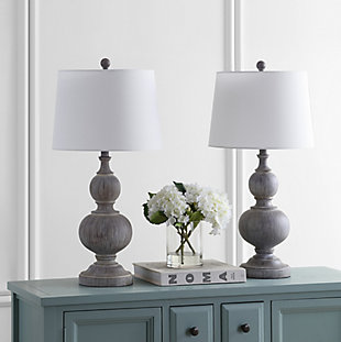 Inspired by nature’s beauty, this graceful table lamp instantly refreshes any living room. Designed with durable faux wood, the lamp features gentle curves and a weathered, elegant finish that pair perfectly with the matching finial and complementary cotton shade.Set of 2 | Made with resin and metal; 100% cotton shade | Each lamp includes 1 LED A19 9W bulb | Max. wattage: 100W (Type "A"), 23W (CFL), 12W (LED) | On/off switch | 5' cord | Assembly required | Imported