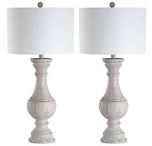 Add an elegant touch of rustic Belgian style to any living room with this classic table lamp. Its luxurious design features a whitewashed finish that accentuates timeless curves. Often used in pairs, designers love its complementary cotton shade.Set of 2 | Made with resin and metal; 100% cotton shade | Each lamp includes 1 led a19 9w bulb | Max. Wattage: 100w (type "a"), 23w (cfl), 12w (led) | On/off switch | 5' cord | Assembly required | Imported