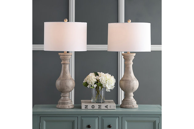 Add an elegant touch of rustic Belgian style to any living room with this classic table lamp. Its luxurious design features a whitewashed finish that accentuates timeless curves. Often used in pairs, designers love its complementary cotton shade.Set of 2 | Made with resin and metal; 100% cotton shade | Each lamp includes 1 led a19 9w bulb | Max. Wattage: 100w (type "a"), 23w (cfl), 12w (led) | On/off switch | 5' cord | Assembly required | Imported