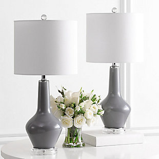 Upgrade any living room or bedroom with the clean modern curves of this contemporary table lamp. Crafted with sleek smoked gray glass to illuminate its exquisite form, it sits on a clear acrylic base and is topped with a complementary white drum shade.Set of 2 | Made with glass and metal; 100% cotton shade | Includes 2 led a19 9w bulbs | Max. Wattage: 60w (type "a"), 13w (cfl), 9w (led) | On/off switch | 5' cord | Assembly required | Imported
