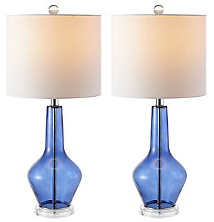 Upgrade any living room or bedroom with the clean modern curves of this contemporary table lamp. Crafted with sleek blue glass to illuminate an exquisite form, it sits on a clear acrylic base and is topped with a complementary white drum shade.Set of 2 | Made with glass and metal; 100% cotton shade | Includes 2 led a19 9w bulbs | Max. Wattage: 60w (type "a"), 13w (cfl), 9w (led) | On/off switch | 5' cord | Assembly required | Imported