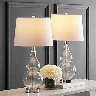 Bold and beautiful, this contemporary table lamp adds drama to any interior. Its sinuous clear glass curves radiate alongside a polished chrome-tone base and complementary white shade.Set of 2 | Made with glass and iron; 100% cotton shade | Includes 2 led a19 9w bulbs | Max. Wattage: 100w (type "a"), 23w (cfl), 12w (led) | On/off switch | 5' cord | Assembly required | Imported