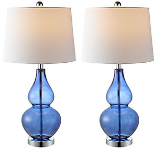 Bold and beautiful, this contemporary table lamp adds drama to any interior with a brilliant burst of color. Its sinuous glass curves are adorned with a dynamic blue hue that radiates alongside a polished chrome-tone base and complementary white shade.Set of 2 | Made with glass and iron; 100% cotton shade | Includes 2 led a19 9w bulbs | Max. Wattage: 100w (type "a"), 23w (cfl), 12w (led) | On/off switch | 5' cord | Assembly required | Imported