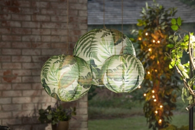 Lone Elm Studios Set Of Six Assorted Paper Tropical Plant Pattern Lanterns With Built In Led Light, Green