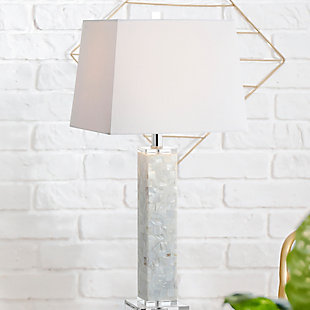 Perched atop an crystal base, this pair of seashell pillar lamps seemingly float in any space with a perfect sheen of mother-of-pearl. Hand-collected shells, polished and cut into tiles are applied in a grid mosaic on the rectangular base, and the shape of the shades mirrors that geometric motif. Accented in chrome finishing's and an crystal finial, this pair would add a beautiful sheen to a foyer, bedroom, or living space.Geometric shaped base with seashells applied in a mosaic design | 100% cotton hardback rectangle shade in white | Beautiful to display or easy to conceal: the 60" cord is silk-wrapped | On-off rotary switch on socket | Takes one bulb and compatible with any type "A" 60 watt incandescent, 13 watt CFL, or 9 watt LED | Eco-friendly 9W LED bulb included | Sleep easy knowing that all components of this piece are UL Listed, safe for your home's electrical grid | Assembly required
