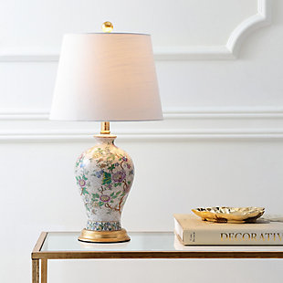 JONATHAN Y Grace 24" Floral LED Table Lamp, Multi/Brass, Blue/White, rollover