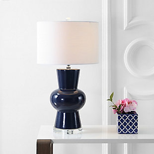 JONATHAN Y Julia 28.5" Ceramic LED Table Lamp, Navy, Clear/Brass Gold/White, rollover