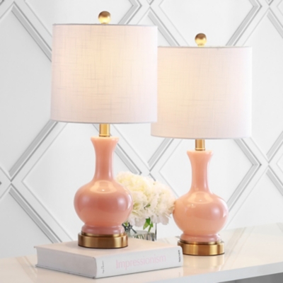 JONATHAN Y Cox 22" Metal/Glass LED Table Lamp, Light Coral (Set of 2), White/Brass Gold/White, large