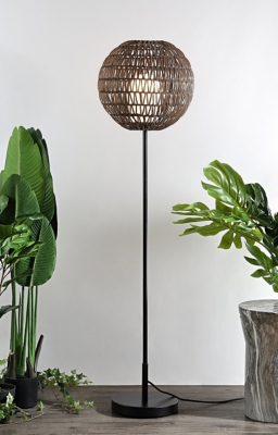JONATHAN Y Bea 61 Outdoor Woven Globe LED Floor Lamp, Coffee/Black