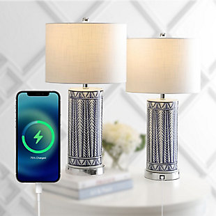 JONATHAN Y Sulka 27" Ceramic/Iron Contemporary USB Charging LED Table Lamp, Navy/Chrome, , rollover