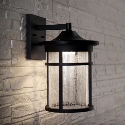 JONATHAN Y Porto 10.25" Outdoor Wall Lantern Crackled Glass/Metal Integrated LED Sconce, Black, , rollover