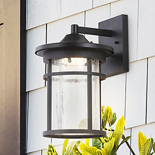 JONATHAN Y Porto 10.25" Outdoor Wall Lantern Crackled Glass/Metal Integrated LED Sconce, Black, , rollover