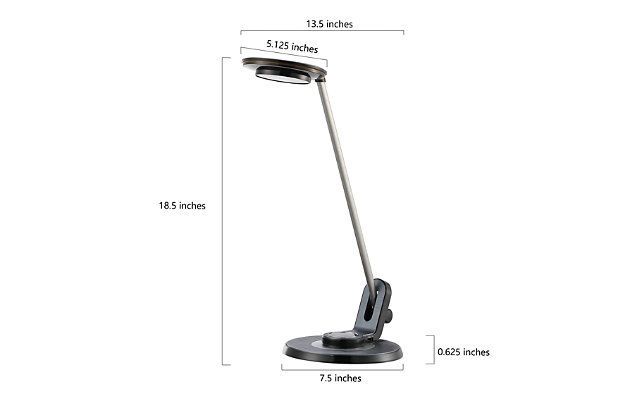 Upgrade your living room, home office or bedroom with this contemporary task lamp. The bright LED task light is adjustable, the handy USB outlet reduces clutter and the LED accent strip lets you change colors.Made of metal | Adjustable design | USB charging port | Built-in LED lights; no bulbs are required