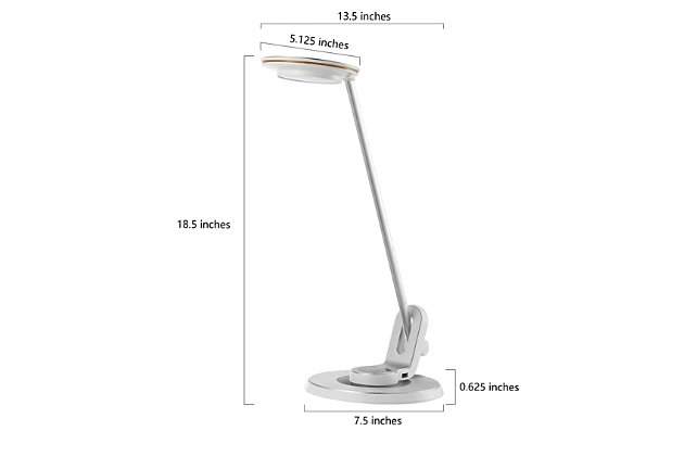 Upgrade your living room, home office or bedroom with this contemporary task lamp. The bright LED task light is adjustable, the handy USB outlet reduces clutter and the LED accent strip lets you change colors.Made of metal | Adjustable design | USB charging port | Built-in LED lights; no bulbs are required