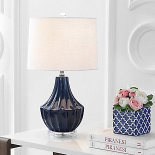 JONATHAN Y Tate 24.5" Ceramic LED Table Lamp, Navy, Clear/Chrome/White, rollover