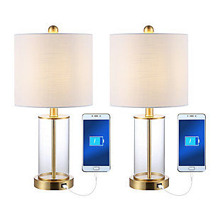 JONATHAN Y Abner Table Lamp with USB, White/Brass Gold/White, rollover