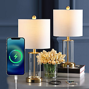 JONATHAN Y Abner Table Lamp with USB, White/Brass Gold/White, large