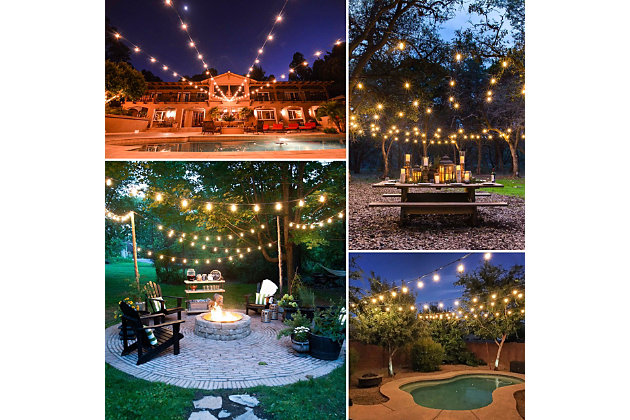 Add instant lighting to your patio, deck or balcony with these bright white outdoor globe lights. Perfect bistro-style lighting for wedding, party or camping, these globe lights stand up to rain and wind. Leave them up all summer for entertaining outside, or keep them up all year in mild climates.Made of plastic | Weather-resistant construction for damp outdoor locations | Includes a spare fuse for easy maintenance; replacement bulbs are easy-to-find | If one bulb goes out, the rest of the bulbs stay lit |  Designed for seasonal use; bring indoors during extremely heavy wind, rain or snow events | Easy to hang using your choice of S-hooks, zip ties, suction cups or holiday lighting clips  | Plugs into any grounded indoor or outdoor power outlet