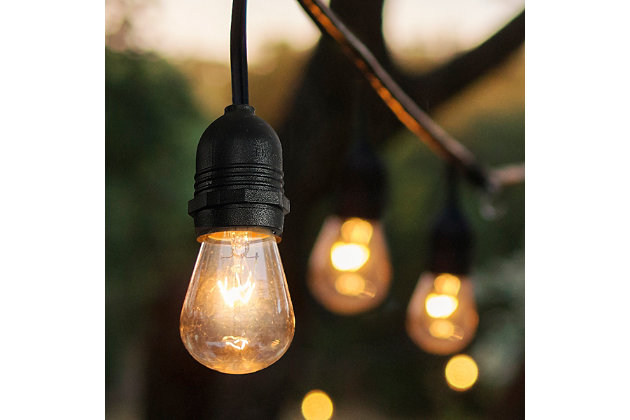 Add instant lighting to your patio, deck or balcony with these bright outdoor Edison lights. Industrial-style lights can be used with a dimmer for a warm rustic look at a wedding, party or camping. Heavy duty sockets stand up to rain and wind. Leave them up all summer for entertaining outside, or keep them up all year in mild climates.Made of plastic | Weather-resistant construction for damp outdoor locations | Includes a spare fuse for easy maintenance; replacement bulbs are easy-to-find | If one bulb goes out, the rest of the bulbs stay lit |  Designed for seasonal use; bring indoors during extremely heavy wind, rain or snow events | Easy to hang using your choice of S-hooks, zip ties, suction cups or holiday lighting clips  | Plugs into any grounded indoor or outdoor power outlet