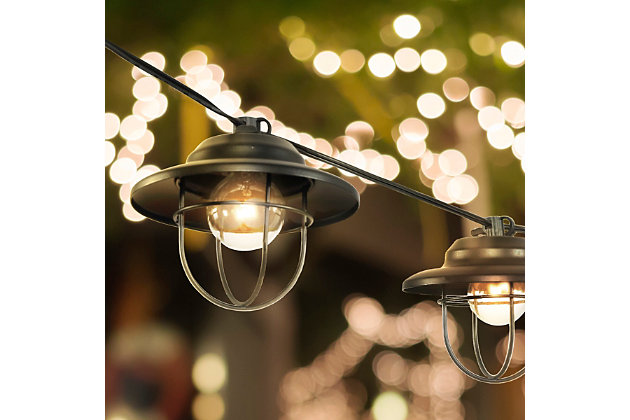 Add instant lighting to your patio, deck or balcony with these bright white outdoor caged lights. Farmhouse-style lights can be used with a dimmer for a warm rustic look at a wedding, party or camping. These caged lights have a metal shade to help them stand up to rain and wind. Leave them up all summer for entertaining outside, or keep them up all year in mild climates.Made of metal | Weather-resistant construction for damp outdoor locations | Includes a spare fuse for easy maintenance; replacement bulbs are easy-to-find | If one bulb goes out, the rest of the bulbs stay lit |  Designed for seasonal use; bring indoors during extremely heavy wind, rain or snow events | Easy to hang using your choice of S-hooks, zip ties, suction cups or holiday lighting clips  | Plugs into any grounded indoor or outdoor power outlet