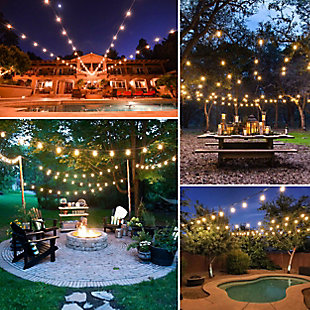 Add instant lighting to your patio, deck or balcony with these bright white outdoor half chrome-tone lights. A reflective chrome-tone finish on the lower half of the bulb creates indirect light. Use with a dimmer for soft lighting at a wedding, party or camping. Heavy duty sockets stand up to rain and wind. Leave them up all summer for entertaining outside, or keep them up all year in mild climates.Made of plastic | Weather-resistant construction for damp outdoor locations | Includes a spare fuse for easy maintenance; replacement bulbs are easy-to-find | If one bulb goes out, the rest of the bulbs stay lit |  Designed for seasonal use; bring indoors during extremely heavy wind, rain or snow events | Easy to hang using your choice of S-hooks, zip ties, suction cups or holiday lighting clips  | Plugs into any grounded indoor or outdoor power outlet