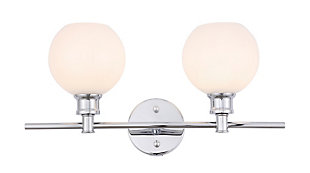Your guests are sure to admire the beautiful simplicity of shape and form in this sconce from the Gene Collection. It can be oriented facing up or down to illuminate a room. The light, with ball-shaped glass shades, is perfect for enhancing your bathroom, foyer or hallway in a sleek contemporary style.Made of glass and metal | Ball-shaped shades | Clean, sleek lines and minimalistic design; versatile fit for any aesthetic | 2 lights illuminate downward or upward | Easily mounted on wall | Uses two E26 bulbs (sold separately); compatible with LED bulbs | Dimmable | No assembly required | Imported