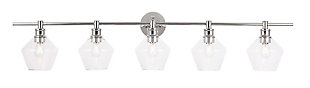 Your guests are sure to admire the beautiful simplicity of shape and form in this sconce from the Gene Collection. It can be oriented facing up or down to illuminate a room. The light, with rhombus-shaped glass shades, is perfect for enhancing your bathroom, foyer or hallway in a sleek contemporary style. Light bulbs not included.Made of glass and metal | Rhombus-shaped shades | Clean, sleek lines and minimalistic design; versatile fit for any aesthetic | 5 lights illuminate downward or upward | Easily mounted on wall | Uses 5 E26 bulbs (sold separately); compatible with LED bulbs | Dimmable | No assembly required | Imported