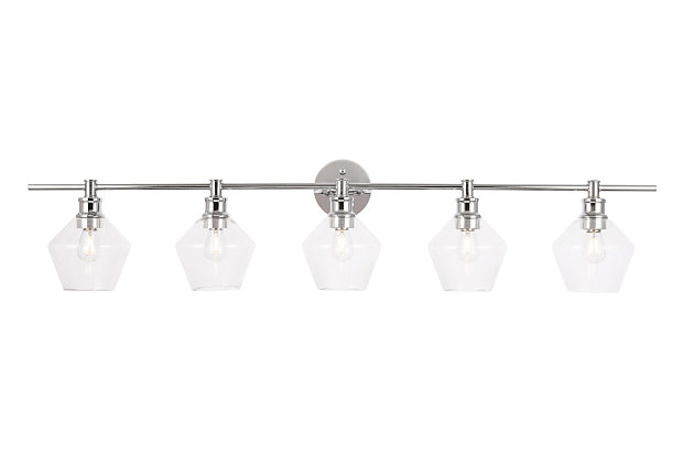 Your guests are sure to admire the beautiful simplicity of shape and form in this sconce from the Gene Collection. It can be oriented facing up or down to illuminate a room. The light, with rhombus-shaped glass shades, is perfect for enhancing your bathroom, foyer or hallway in a sleek contemporary style. Light bulbs not included.Made of glass and metal | Rhombus-shaped shades | Clean, sleek lines and minimalistic design; versatile fit for any aesthetic | 5 lights illuminate downward or upward | Easily mounted on wall | Uses 5 E26 bulbs (sold separately); compatible with LED bulbs | Dimmable | No assembly required | Imported