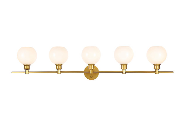 Your guests are sure to admire the beautiful simplicity of shape and form in this sconce from the Collier Collection. It can be oriented facing up or down to illuminate a room. The light, with ball-shaped glass shades, is perfect for enhancing your bathroom, foyer or hallway in a chic and fashionable style.Made of glass and metal | Ball-shaped shades | Clean, sleek lines and minimalistic design; versatile fit for any aesthetic | 5 lights illuminate downward or upward | Easily mounted on wall | Uses 5 E26 bulbs (sold separately); compatible with LED bulbs | Dimmable | No assembly required | Imported