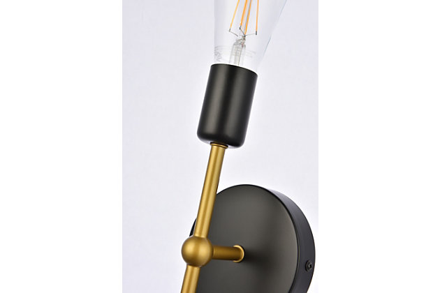 Although small, the Keely Collection wall sconce will be sure to pop in any room. Its linear shape creates a modern torch-like look for your space. The light also includes a dimmable feature.Made of iron | Features round backplate | Single arm | Uses E26 bulb (sold separately); compatible with LED bulbs | Can be installed with the light facing up or down | Dry and damp listed | Dimmable | No assembly required | Imported