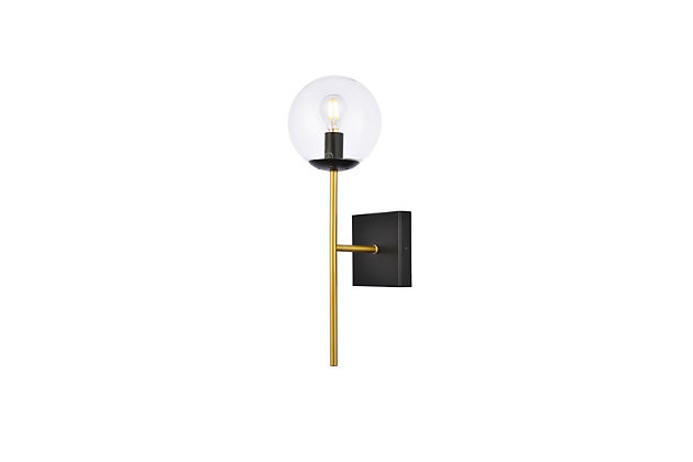 The Neri Collection wall sconce has a distinctive look that will pop in your room. The globe shade and sleek straight arm create a clean form and add a nice touch to your home. This light is dimmable.Made of glass and metal | Features square backplate | Glass globe accents the sconce's metal arm | Uses one E12 light bulb (sold separately) | Can be installed with the light facing up or down | Dry and damp listed | Lighting is compatible with LED bulbs | Dimmable | No assembly required | Imported