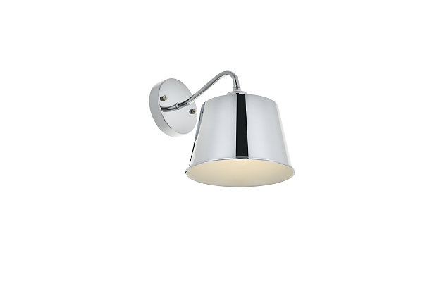 The Nota Collection wall lamp creates a melody of illumination that will shine brilliantly. Like a single whole note played with certainty and purpose, this single wall light will bring a purposeful, beautiful light to any home large or small.Metal with chrome finish | Contemporary and minimalistic wall sconce in chrome finish with drum-shaped shade and gentle curving arm | Uses E26 bulb (sold separately) | Drum-shaped metal shade with white interior | Circular backplate | Wall sconce extension: 10.8" | Dimmable | Assembly required | Imported