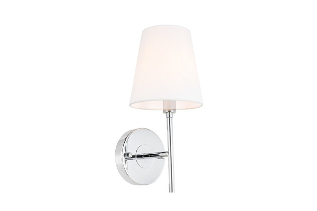 Illuminate your home with the Cason Collection wall sconce. Its elegant, clean lines will create a sense of peaceful minimalism while adding stylish personality to any room. Your guests will appreciate the beautiful light from within its linen shade, and also the classy style it exudes. This light is the perfect addition to any bathroom, powder room, or entryway.Metal with chrome finish | Linen shade | Modern-day retro style | Light illuminates upward | Easily mounted on wall | Uses e12 bulb (sold separately); compatible with led bulbs | Dimmable | No assembly required | Imported