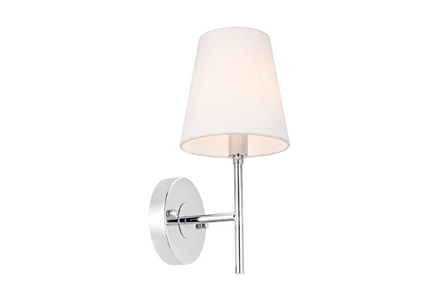 Illuminate your home with the Cason Collection wall sconce. Its elegant, clean lines will create a sense of peaceful minimalism while adding stylish personality to any room. Your guests will appreciate the beautiful light from within its linen shade, and also the classy style it exudes. This light is the perfect addition to any bathroom, powder room, or entryway.Metal with chrome finish | Linen shade | Modern-day retro style | Light illuminates upward | Easily mounted on wall | Uses e12 bulb (sold separately); compatible with led bulbs | Dimmable | No assembly required | Imported