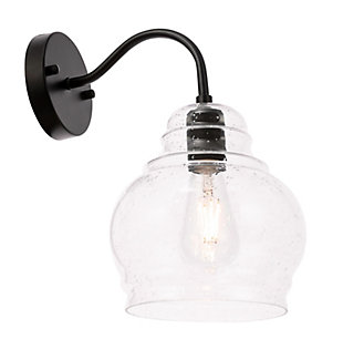 This sconce from the Pierce Collection will enhance any room with its beautiful illumination. Its curved arm holds the round bubbled glass shade, bringing interest to the design and to your room. The charming farmhouse aesthetic adds a rustic look to any room it illuminates.Made of glass and metal | Clear seeded bell-shaped shade | Modern-day farmhouse rustic style | Light illuminates downward | Fixture material: metal and glass | Easily mounted on wall | Uses e26 bulb (sold separately); compatible with led bulbs | Dimmable | No assembly required | Imported