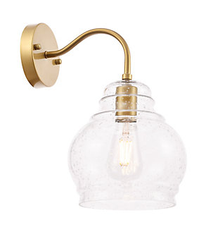 This sconce from the Pierce Collection will enhance any room with its beautiful illumination. Its curved arm holds the round bubbled glass shade, bringing interest to the design and to your room. The charming farmhouse aesthetic adds a rustic look to any room it illuminates.Made of glass and metal | Clear seeded bell-shaped shade | Modern-day farmhouse rustic style | Light illuminates downward | Fixture material: metal and glass | Easily mounted on wall | Uses e26 bulb (sold separately); compatible with led bulbs | Dimmable | No assembly required | Imported