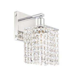 This Phineas Collection wall sconce exudes elegance and sparkling beauty. Why wouldn't it, with its beautiful curtain of clear crystal strands that shimmer with each passing second as light passes through? Your home will be illuminated and your guests will be charmed by these dancing crystal lights. And you'll be pleased with how this wall lamp can elevate any room into a luxurious and glamourous world.Made of crystal and iron | Glamourous and ritzy wall sconce sparkles with cool ease | Curtains of clear crystals | Light illuminates downwards (and is dimmable) | Uses E12 bulb (sold separately); compatible with LED bulbs | Easily mounted on wall | Assembly required | Imported