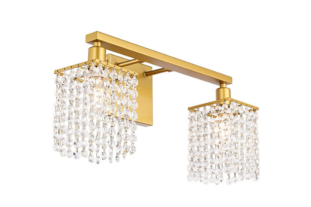 This Phineas Collection wall sconce exudes elegance and sparkling beauty. Why wouldn't it, with its beautiful curtain of clear crystal strands that shimmer with each passing second as light passes through? Your home will be illuminated and your guests will be charmed by the dancing crystal lights. You will be pleased with how this wall lamp can elevate any room into a luxurious and glamourous world.Made of crystal glass and iron | Glamourous and ritzy wall sconce will sparkle with cool ease | Curtains of clear crystals | 2 lights illuminate downward  | Uses E12 bulb (sold separately); compatible with LED bulbs | Easily mounted on wall | Dimmable | Assembly required | Imported