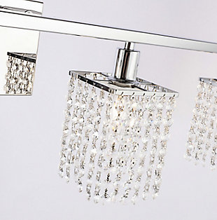This Phineas Collection wall sconce exudes elegance and sparkling beauty. Why wouldn't it, with its beautiful curtain of clear crystal strands that shimmer with each passing second as light passes through? Your home will be illuminated and your guests will be charmed by the dancing crystal lights. You will be pleased with how this wall lamp can elevate any room into a luxurious and glamourous world.Made of crystal glass and iron | Glamourous and ritzy wall sconce will sparkle with cool ease | Curtains of clear crystals | 4 lights illuminate downward  | Uses E12 bulb (sold separately); compatible with LED bulbs | Easily mounted on wall | Dimmable | Assembly required | Imported