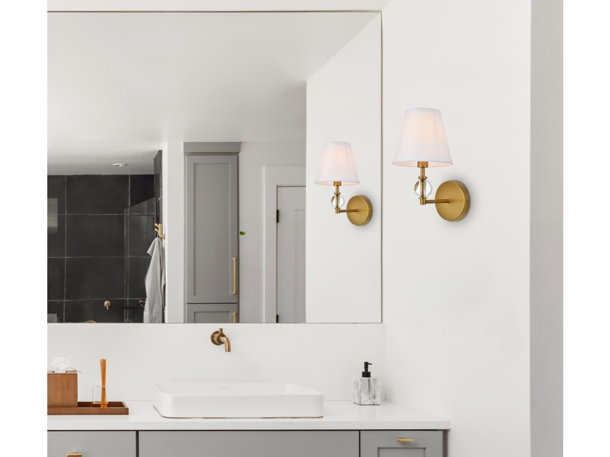 Bethany 1 Light Bath Sconce In Brass w White Fabric Shade