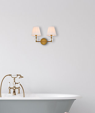 Bethany 2 Lights Bath Sconce In Brass With White Fabric Shade, Brass/White, rollover