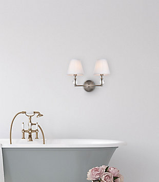 Bethany 2 Lights Bath Sconce In Satin Nickel With White Fabric Shade, Satin Nickel/White, rollover