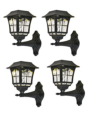 When you want soft outdoor lighting from a compact, energy-saving LED fixture, this great-looking wall light is perfect. Its 0.2-watt LED generates 4 lumens and has a rated life of 50,000 hours. The fixture is ETL wet-listed, making it ideal for any outdoor installation. This stylish garden lighting has a sturdy plastic housing that features a protective lattice over an acrylic clear lens. Powered by solar energy, this energy-saving lighting will accentuate your outdoor areas for many years to come. Set of 4 | Made of metal, plastic and acrylic | Solar powered (no electric needed); needs to be charged in full sunlight for 8-12 hours for maximum performance | ETL wet-listed for outdoor installation | Easy to install | Uses one 1.2V AA battery for backup (battery not included)  | Will illuminate for up to 8 hours | 0.2 watt LED (included); 4 lumens | LED | No assembly required | Imported