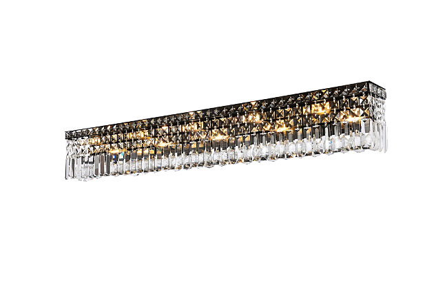 A riot of shapes and textures, this Maxime Collection wall sconce sparkles in a mosaic of crystal tiles. Precision-cut crystals form the flamboyant rectangular exterior, while faceted crystal balls create a bubbled effect for light to shine through beneath. This lamp is a luxurious addition to a bathroom, entryway or kitchen. Made of crystal glass and metal | Warm, brilliant light is created by 10 E12 bulbs (sold separately) | Enriches the ambiance of  your kitchen, entryway, living room or bathroom | Lighting is compatible with LED bulbs; dimmable | Assembly required | Imported | Extension: 4.5"
