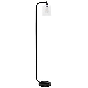 Simple Designs Antique Style Industrial Iron Lantern Floor Lamp with Glass Shade, Black, Black, large