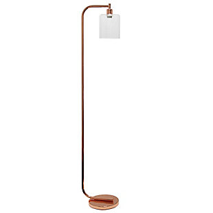 The sophistication of industrial accents gleams in this beautifully crafted iron floor lamp. The humble design combines a simple base with curved arm and a clear glass shade for the perfect ensemble. Add to any room for a modest and refined look. HELPFUL TIP: To get the complete industrial look, we recommend using a decorative Edison/Vintage bulb (not included).Rose gold finish | Clear cylindrical glass shade | Uses (1) 60w medium base bulb (not included); for full vintage look, type t45 edison bulb is recommended | Footswitch on cord | Clean and modern look