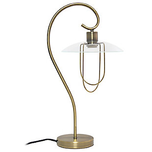 Add a tasteful update to any room in your home with this simple and elegant table lamp. This lamp features a beautifully curved metal base accented by a chic clear glass shade. Rejuvenate your living room, bedroom, foyer or office with this stylish lamp. HELPFUL TIP: To get the complete industrial look, we recommend using a decorative Edison/Vintage bulb (not included).Polished antique brass finish | Chic clear glass shade | Clean and modern look | (1) 40w type a medium base bulb (not included) required | Easily accessible on/off switch located on the cord | More color options available