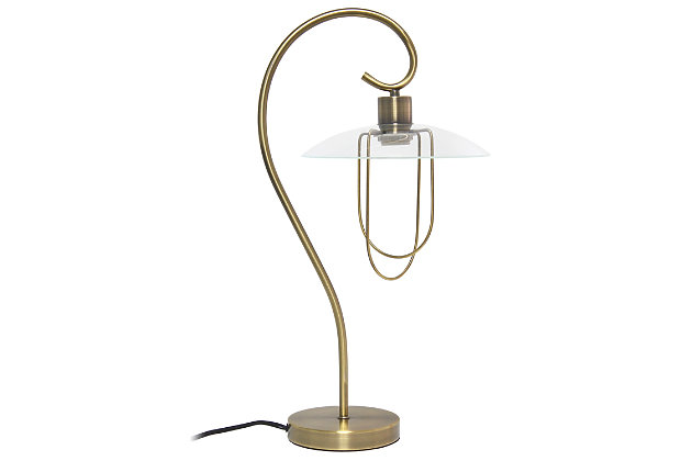 Add a tasteful update to any room in your home with this simple and elegant table lamp. This lamp features a beautifully curved metal base accented by a chic clear glass shade. Rejuvenate your living room, bedroom, foyer or office with this stylish lamp. HELPFUL TIP: To get the complete industrial look, we recommend using a decorative Edison/Vintage bulb (not included).Polished antique brass finish | Chic clear glass shade | Clean and modern look | (1) 40w type a medium base bulb (not included) required | Easily accessible on/off switch located on the cord | More color options available