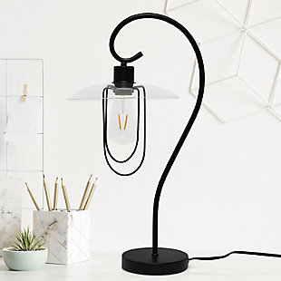 Add a tasteful update to any room in your home with this simple and elegant table lamp. This lamp features a beautifully curved metal base accented by a chic clear glass shade. Rejuvenate your living room, bedroom, foyer or office with this stylish lamp. HELPFUL TIP: To get the complete industrial look, we recommend using a decorative Edison/Vintage bulb (not included).Black matte finish | Chic clear glass shade | Clean and modern look | (1) 40w type a medium base bulb (not included) required | Easily accessible on/off switch located on the cord | More color options available