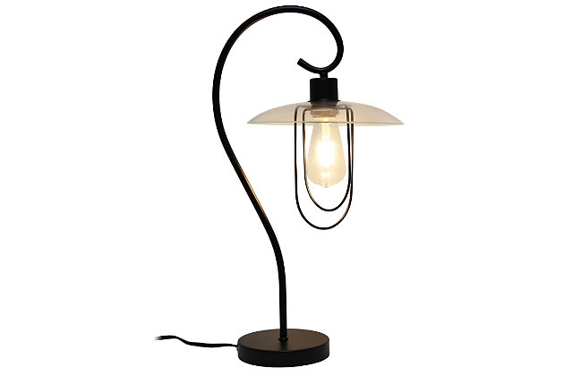 Add a tasteful update to any room in your home with this simple and elegant table lamp. This lamp features a beautifully curved metal base accented by a chic clear glass shade. Rejuvenate your living room, bedroom, foyer or office with this stylish lamp. HELPFUL TIP: To get the complete industrial look, we recommend using a decorative Edison/Vintage bulb (not included).Black matte finish | Chic clear glass shade | Clean and modern look | (1) 40w type a medium base bulb (not included) required | Easily accessible on/off switch located on the cord | More color options available